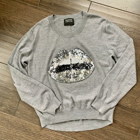 Markus Lupfer Gray Sweater with Silver Sequin Lips - Picture 1 of 8